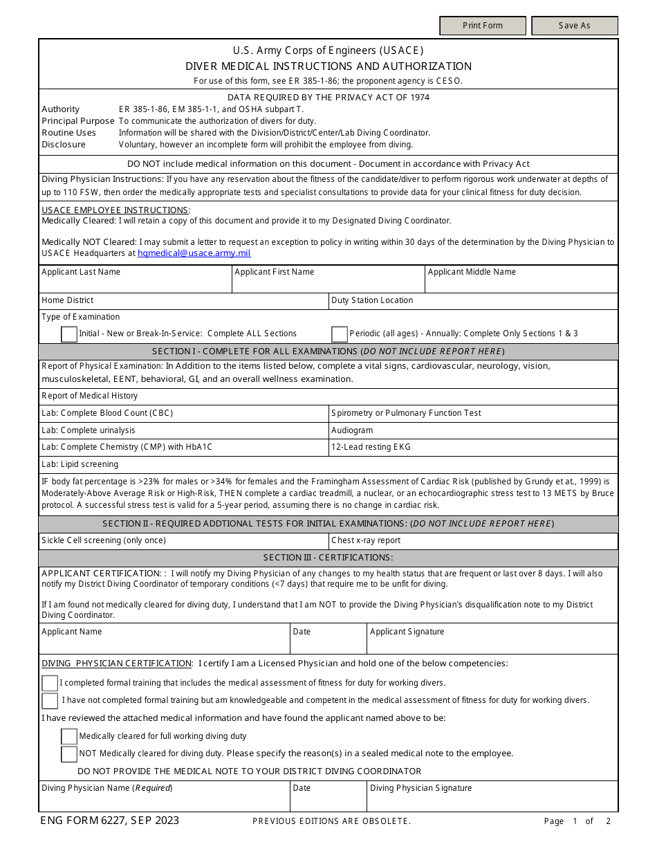 ENG Form 6227 Diver Medical Instructions and Authorization, Page 1