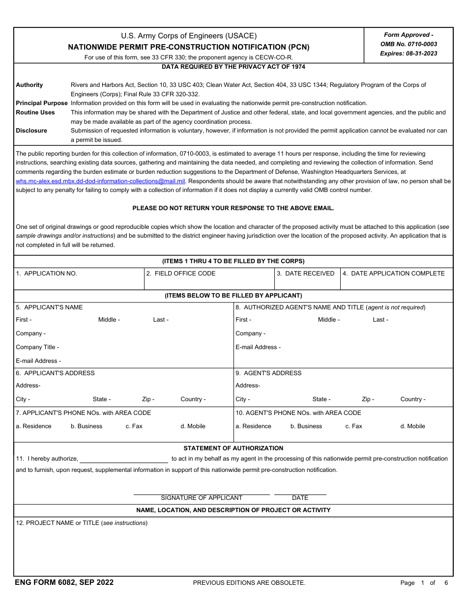 ENG Form 6082 Nationwide Permit Pre-construction Notification (Pcn), Page 1