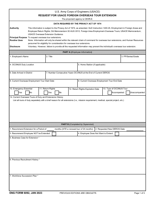 ENG Form 6092 Request for Usace Foreign Overseas Tour Extension