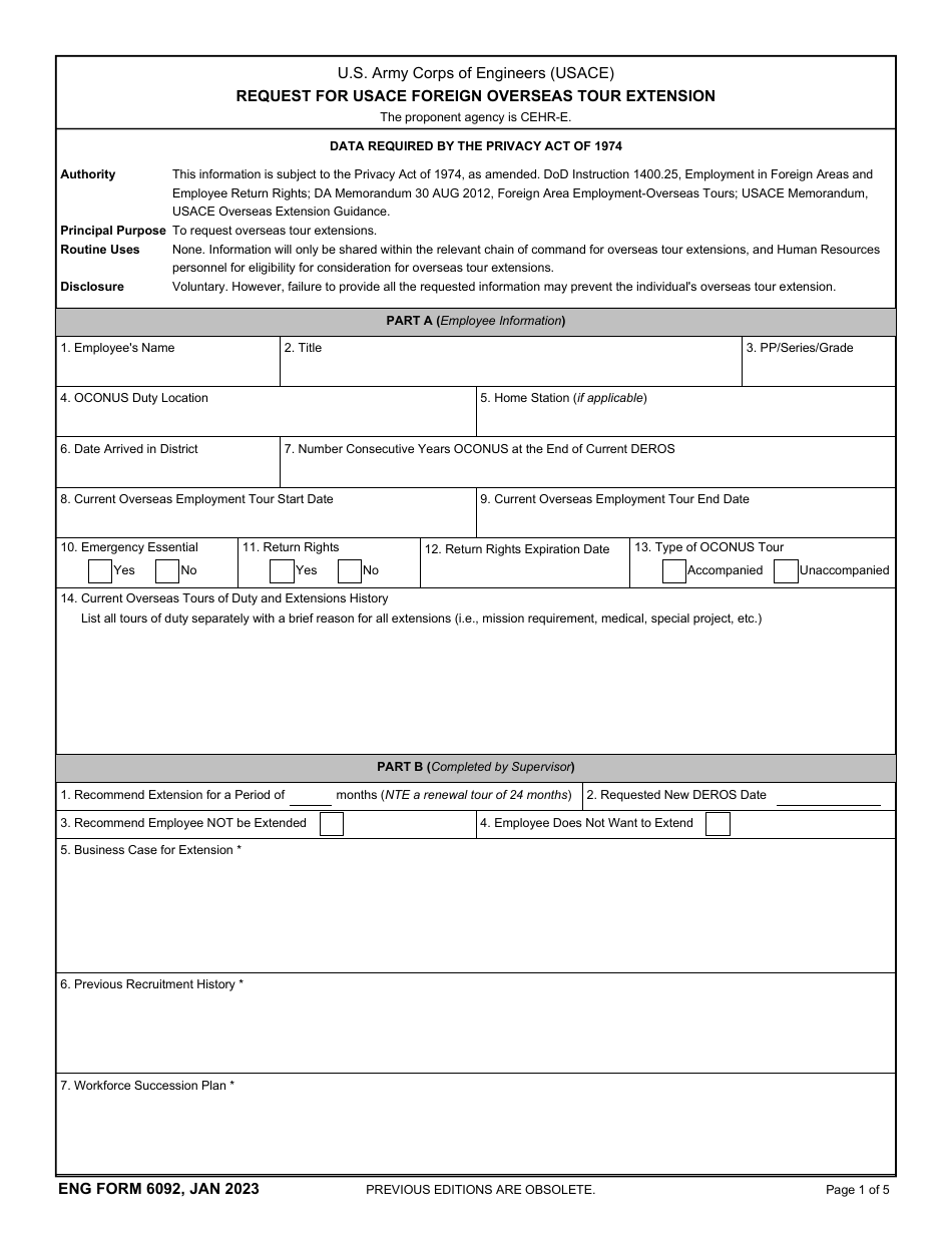 ENG Form 6092 Request for Usace Foreign Overseas Tour Extension, Page 1