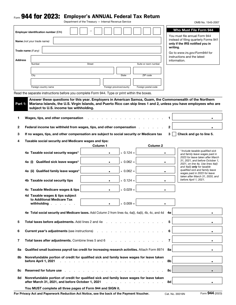 IRS Form 944 Employers Annual Federal Tax Return, Page 1