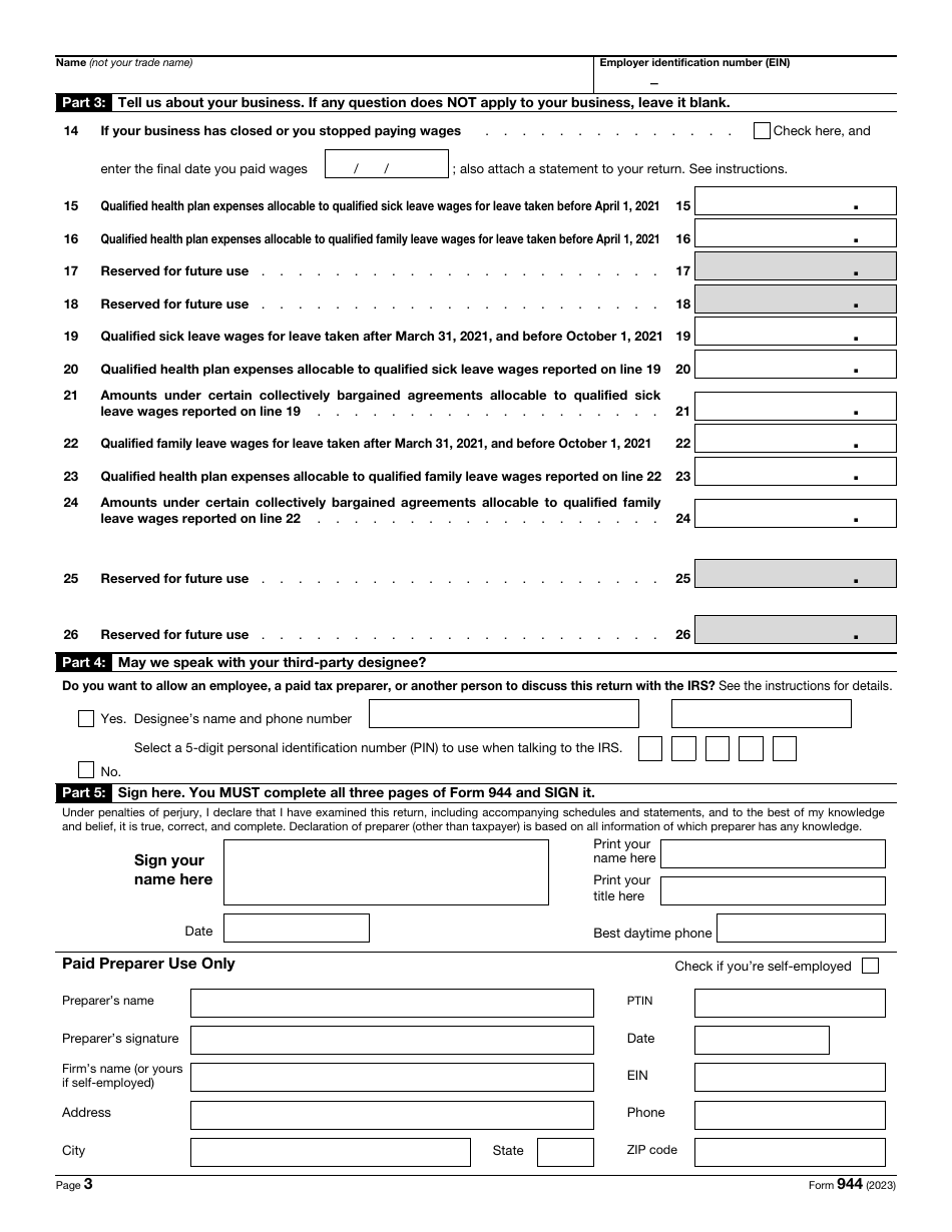 IRS Form 944 Employers Annual Federal Tax Return, Page 3