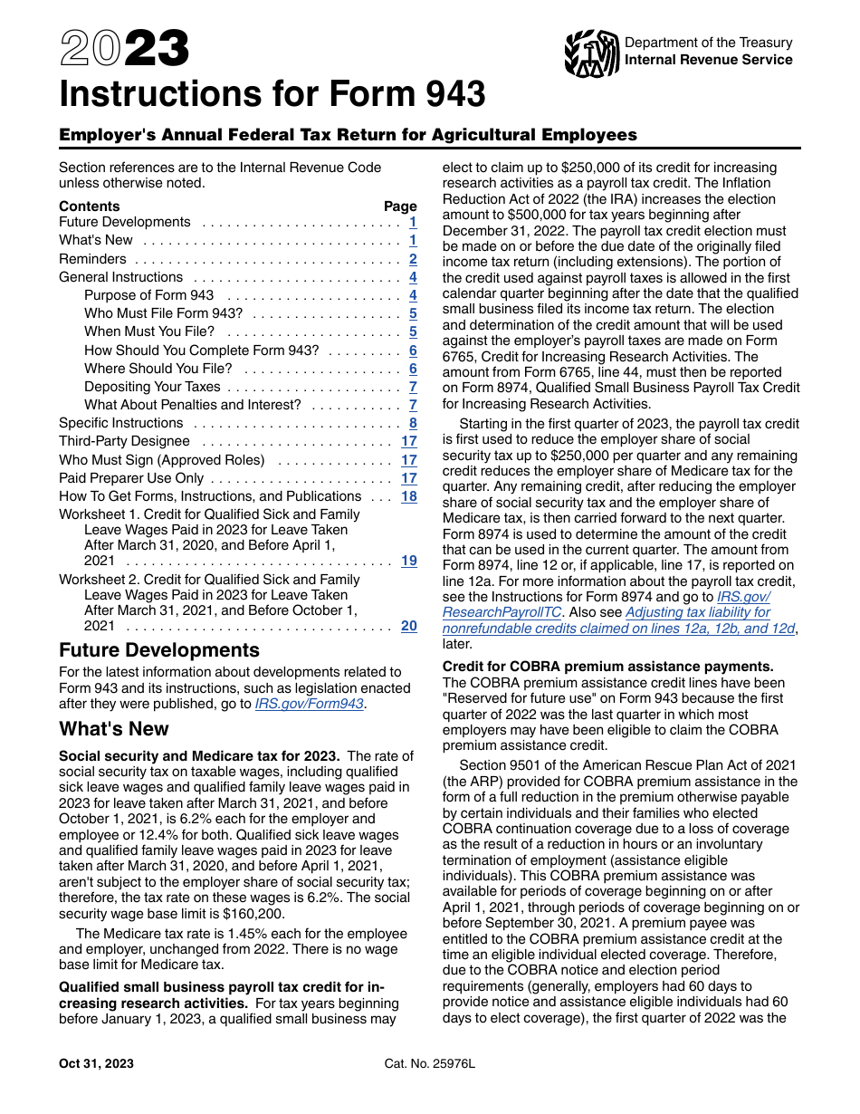 Download Instructions for IRS Form 943 Employer's Annual Federal Tax