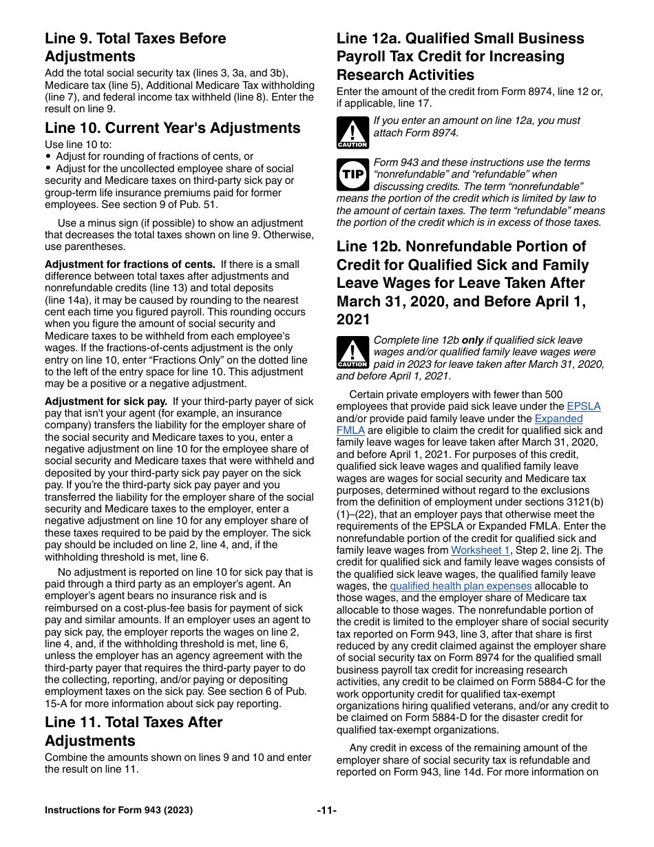 Download Instructions for IRS Form 943 Employer