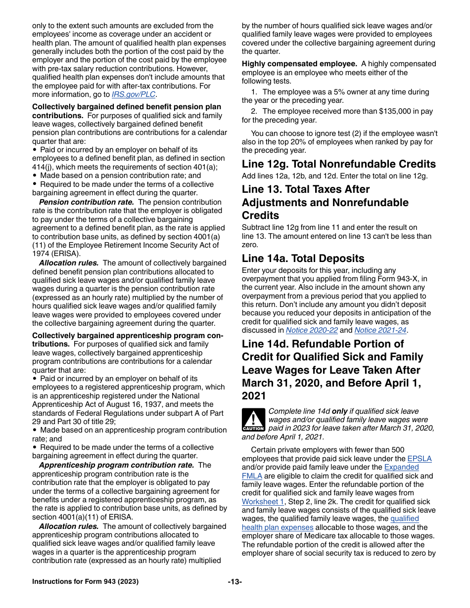 Download Instructions for IRS Form 943 Employer