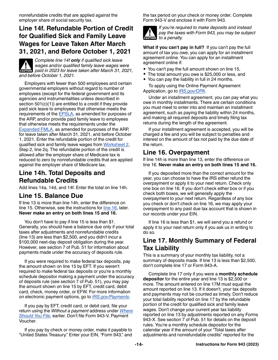 Download Instructions for IRS Form 943 Employer