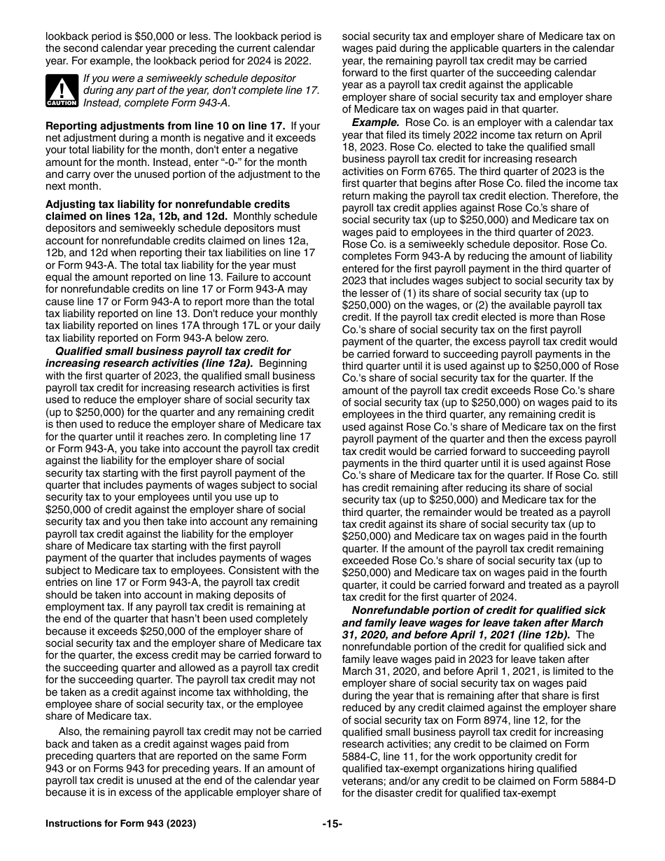 Download Instructions for IRS Form 943 Employer