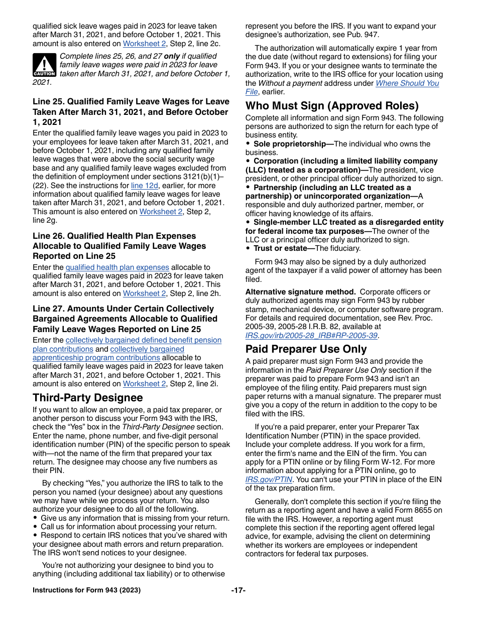 Download Instructions for IRS Form 943 Employer