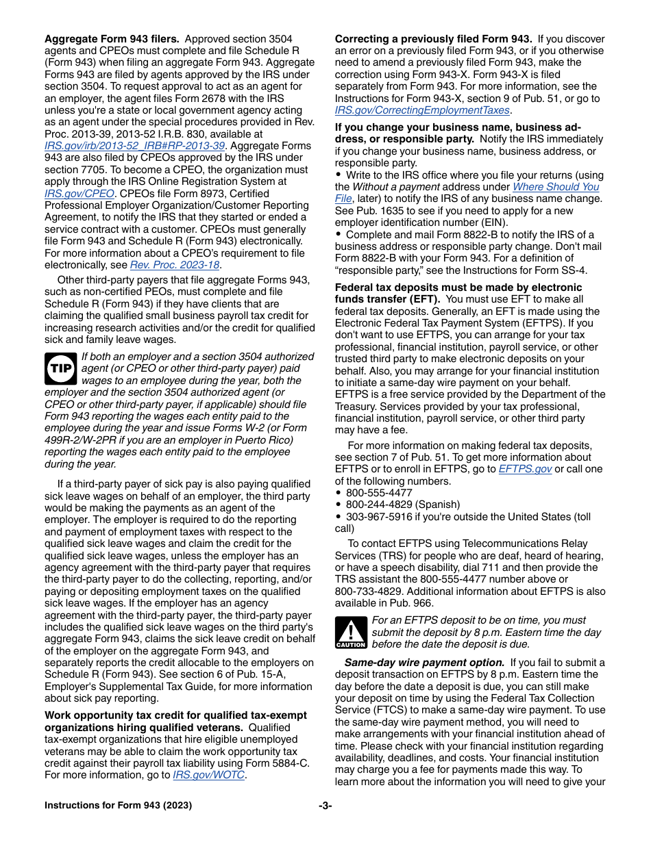 Download Instructions for IRS Form 943 Employer