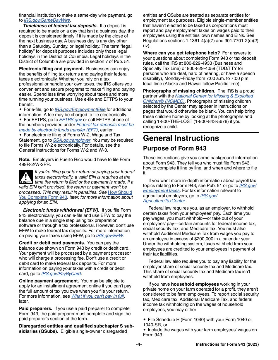 Download Instructions for IRS Form 943 Employer
