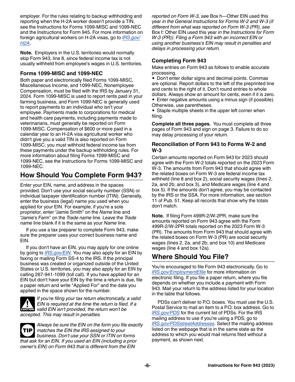 Download Instructions for IRS Form 943 Employer