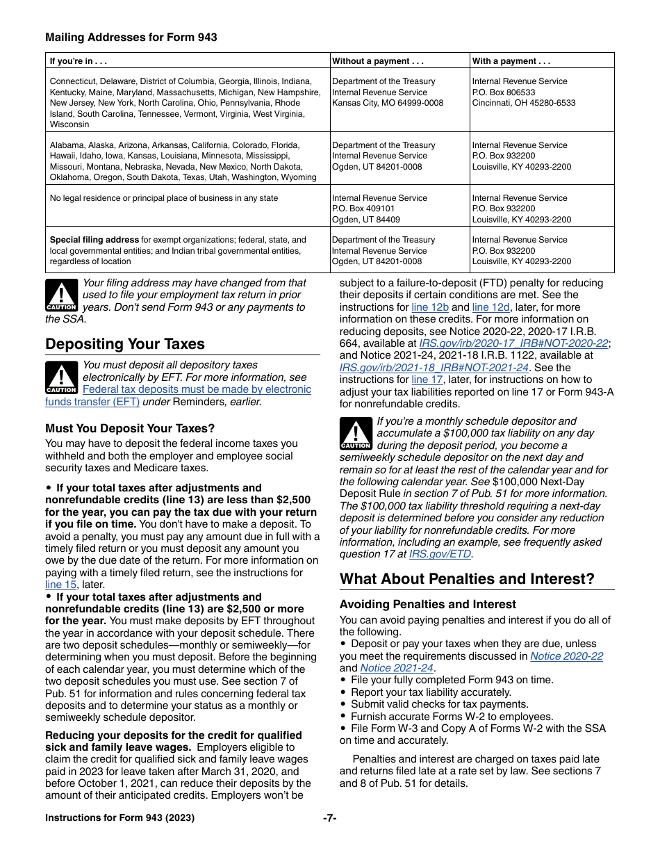 Download Instructions for IRS Form 943 Employer