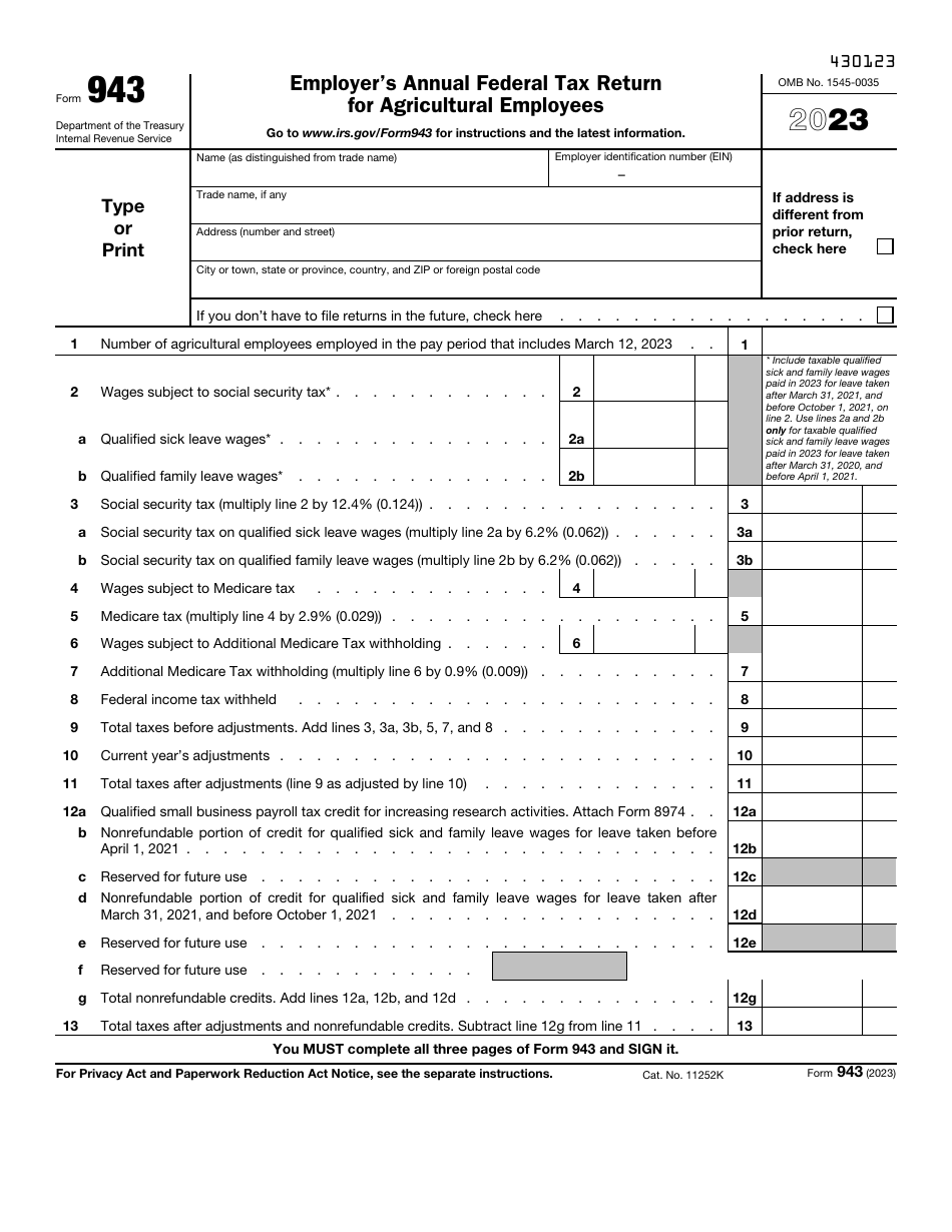 IRS Form 943 Employers Annual Federal Tax Return for Agricultural Employees, Page 1