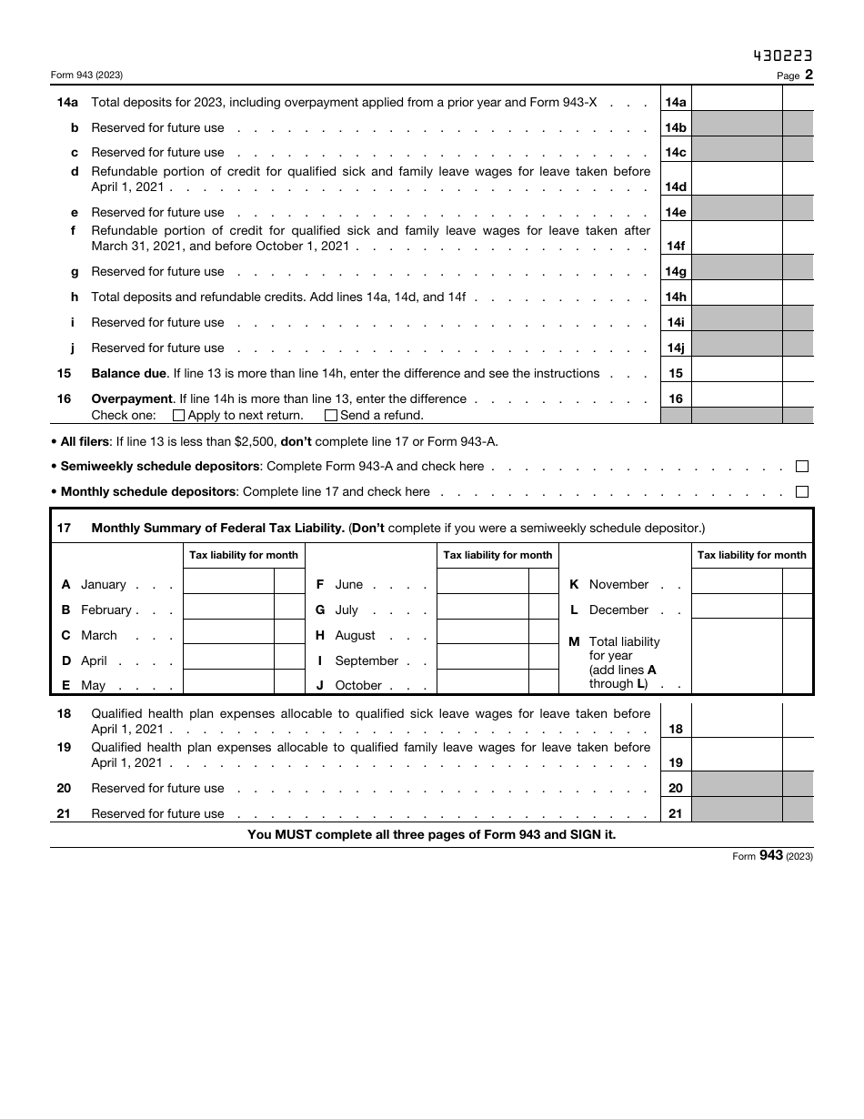 IRS Form 943 Employers Annual Federal Tax Return for Agricultural Employees, Page 2