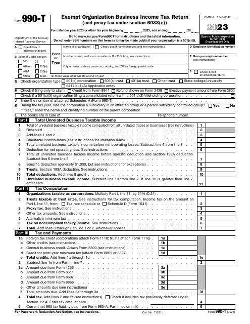 IRS Form 990-T Exempt Organization Business Income Tax Return (And Proxy Tax Under Section 6033(E)), 2023