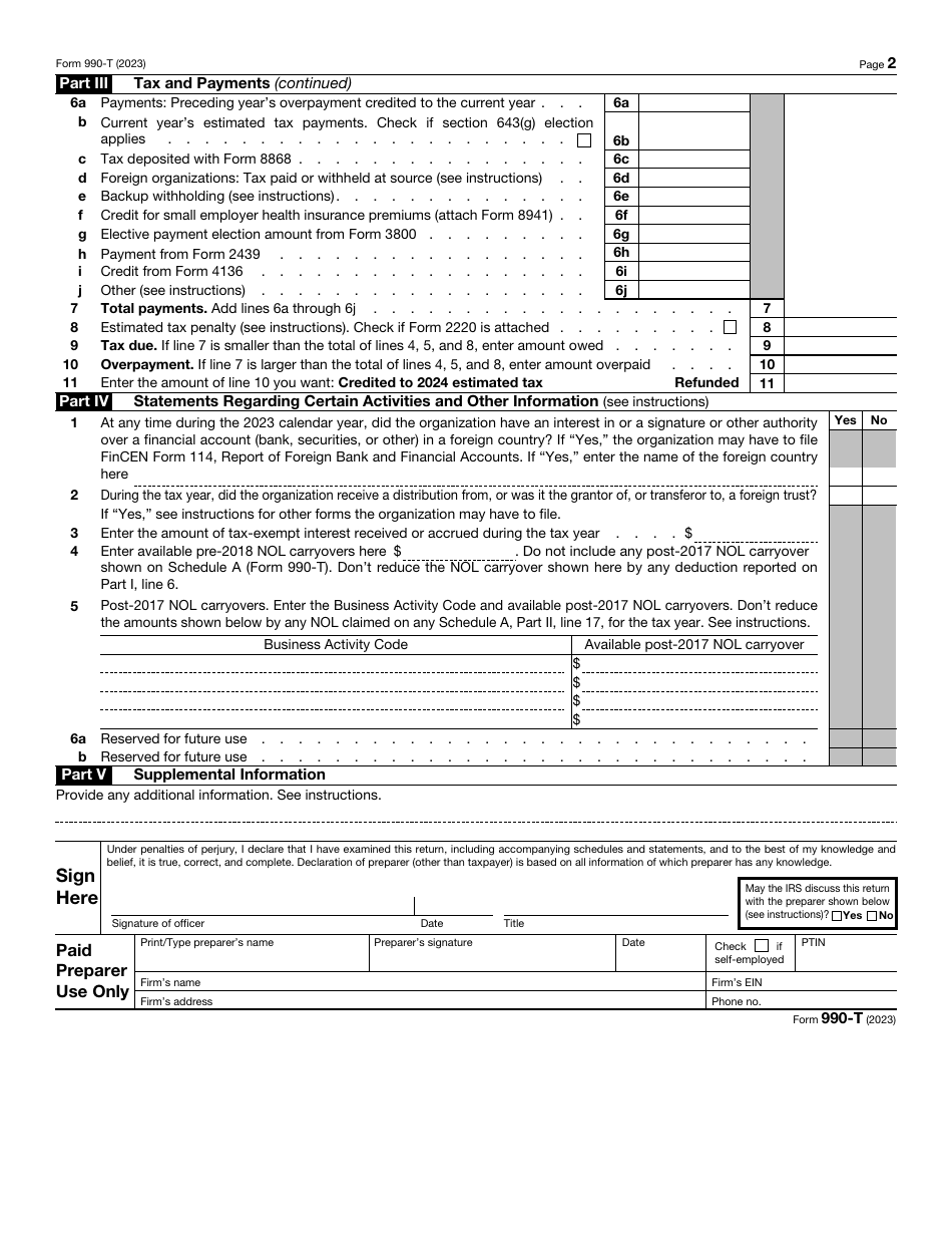 IRS Form 990-T Exempt Organization Business Income Tax Return (And Proxy Tax Under Section 6033(E)), Page 2
