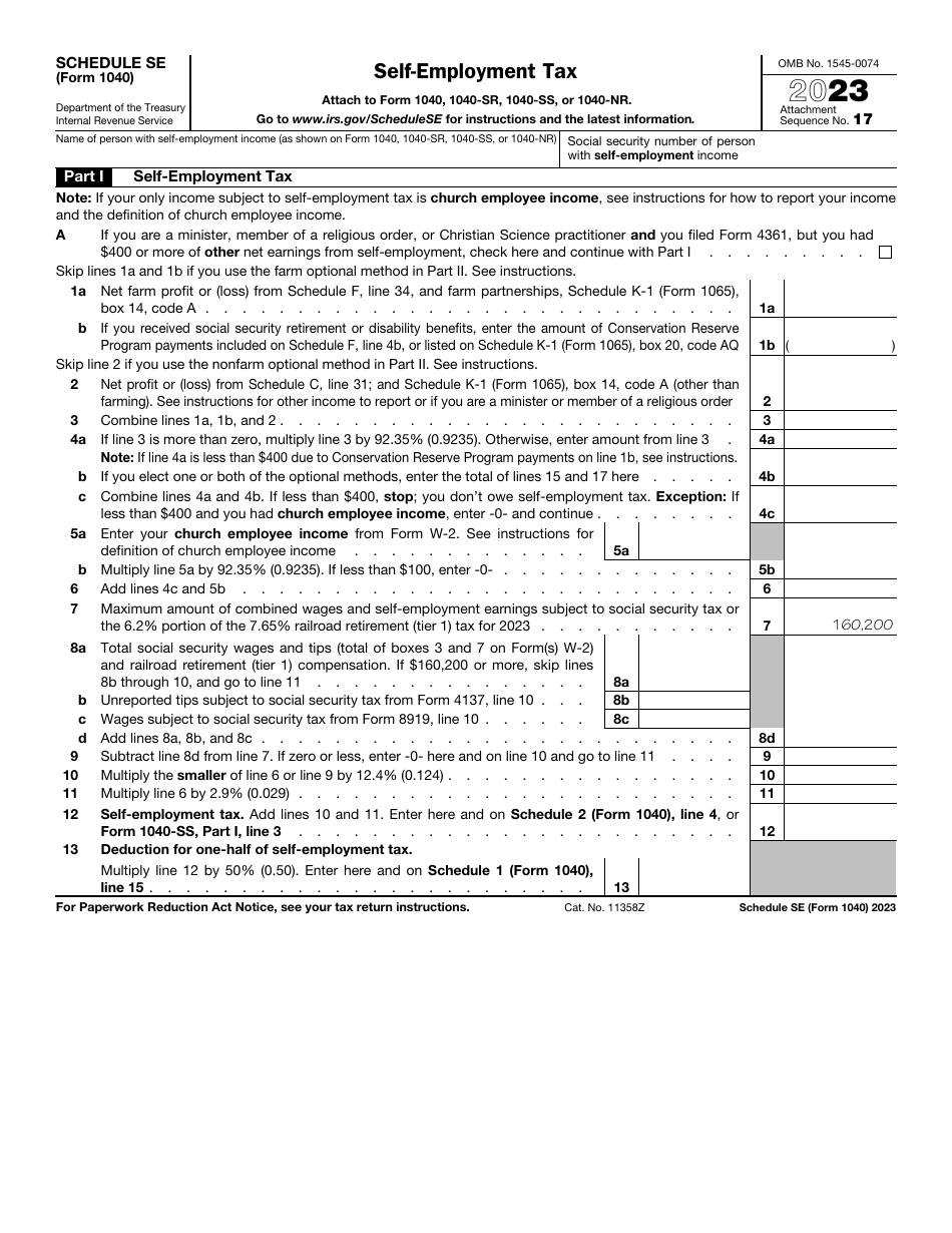 IRS Form 1040 Schedule SE Self-employment Tax, Page 1