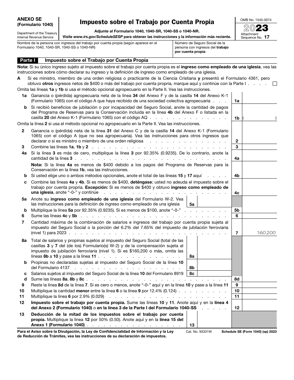 IRS Formulario 1040 (SP) Anexo SE Impuesto Sobre El Trabajo Por Cuenta Propia (Spanish), Page 1