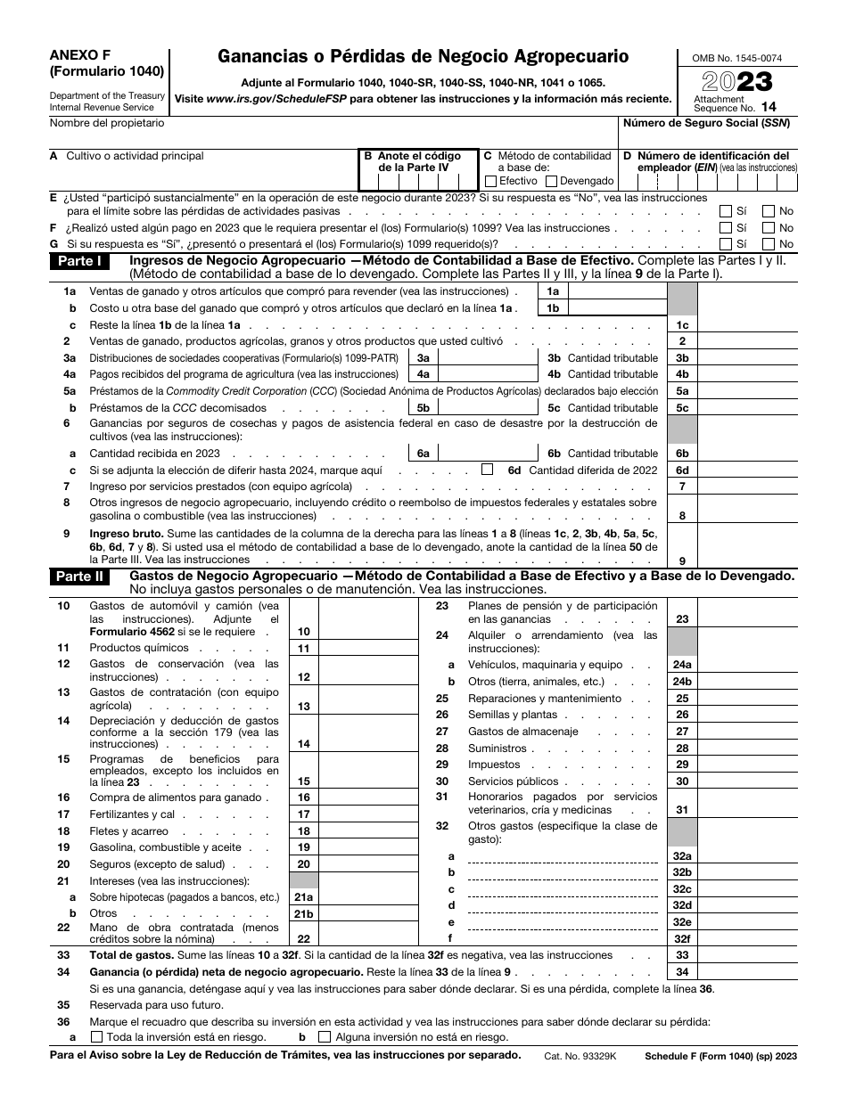 IRS Formulario 1040 (SP) Anexo F Ganancias O Perdidas De Negocio Agropecuario (Spanish), Page 1