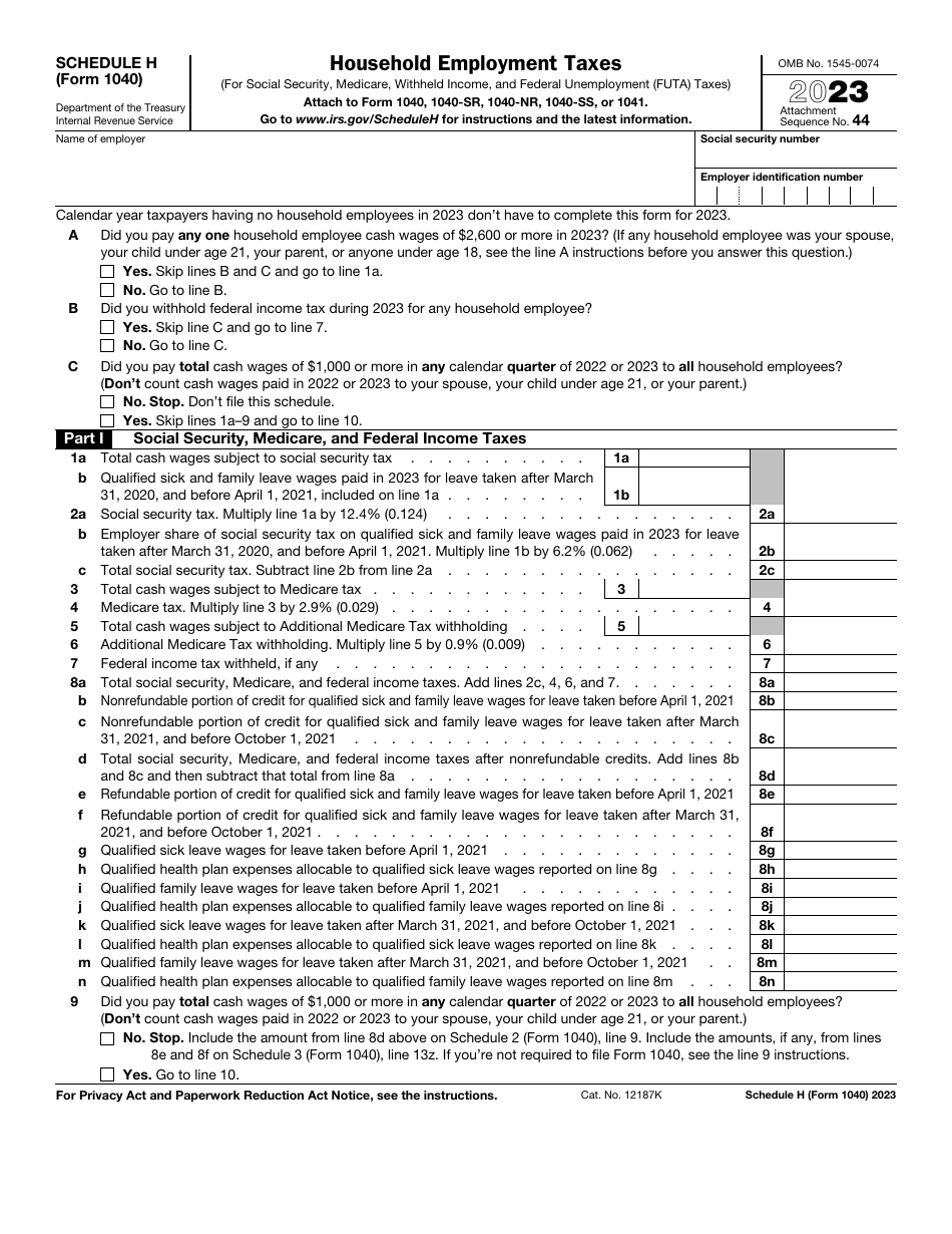 IRS Form 1040 Schedule H Download Fillable PDF or Fill Online Household