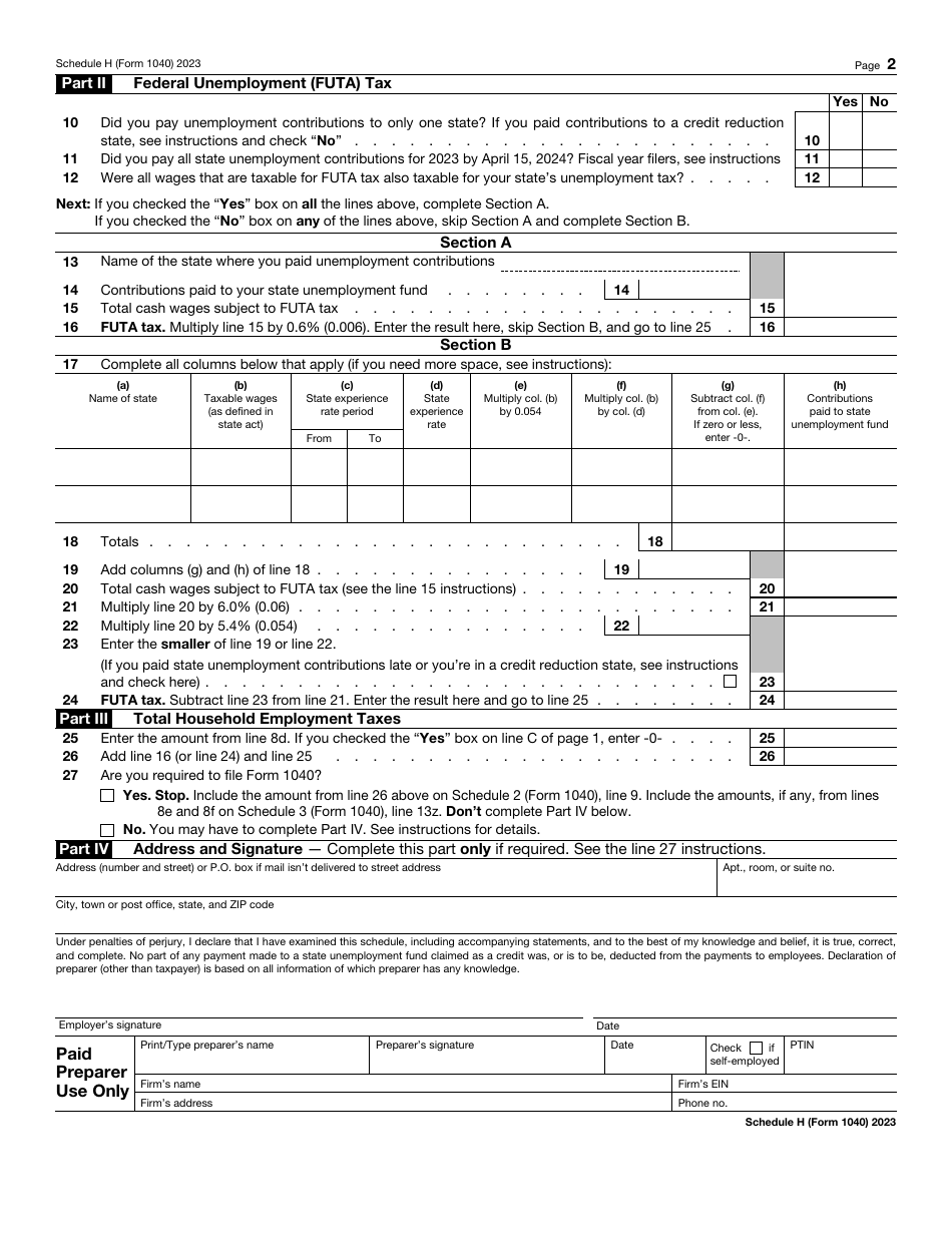 IRS Form 1040 Schedule H Household Employment Taxes, Page 2