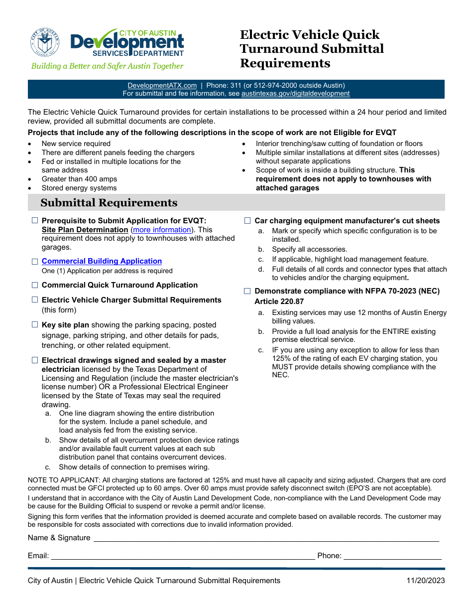 Electric Vehicle Quick Turnaround Submittal Requirements - City of Austin, Texas, Page 1