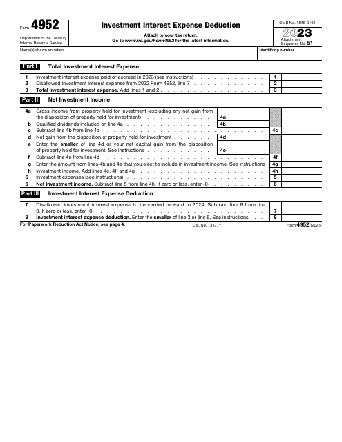 IRS Form 4952 2023 Printable Pdf