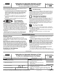 Document preview: IRS Form 4868 Application for Automatic Extension of Time to File U.S. Individual Income Tax Return, 2023