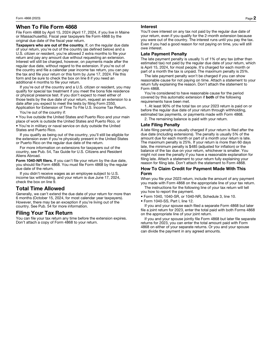 IRS Form 4868 Application for Automatic Extension of Time to File U.S. Individual Income Tax Return, Page 2