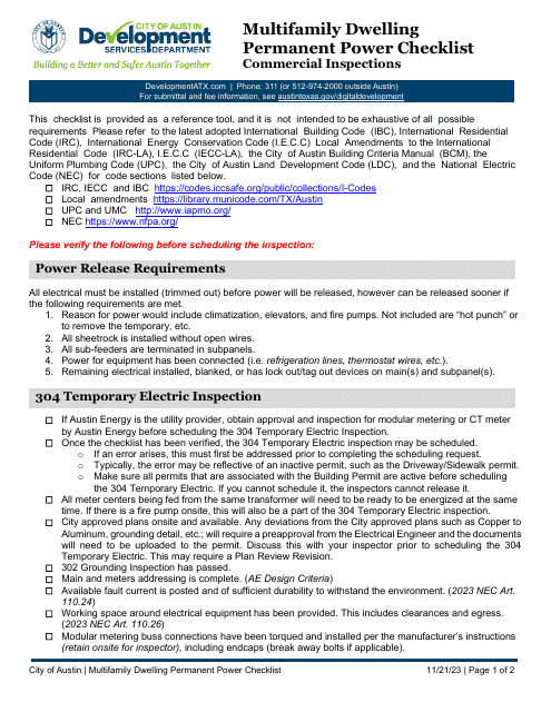 Multifamily Dwelling Permanent Power Checklist - Commercial Inspections - City of Austin, Texas Download Pdf
