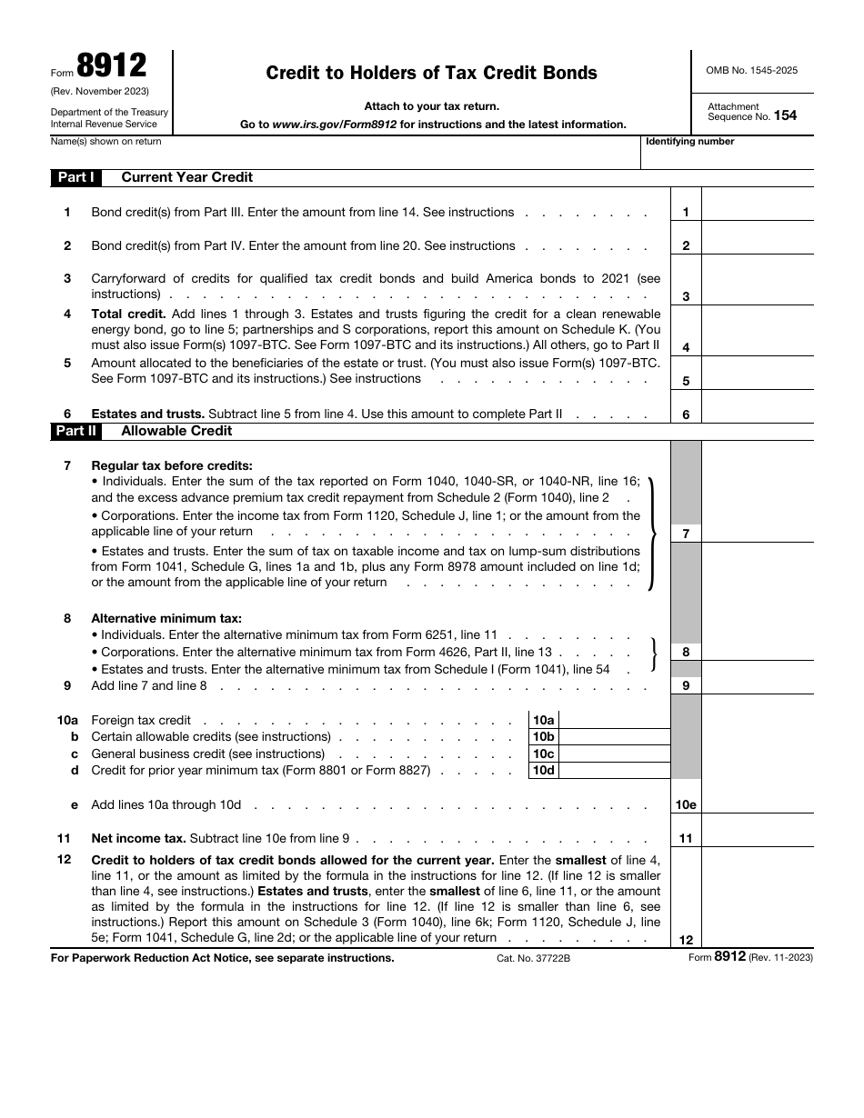 IRS Form 8912 Download Fillable PDF or Fill Online Credit to Holders of ...