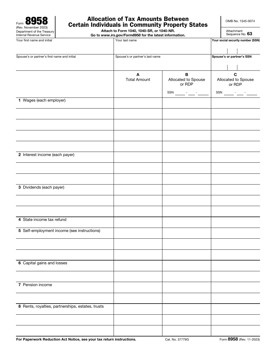 IRS Form 8958 Allocation of Tax Amounts Between Certain Individuals in Community Property States, Page 1