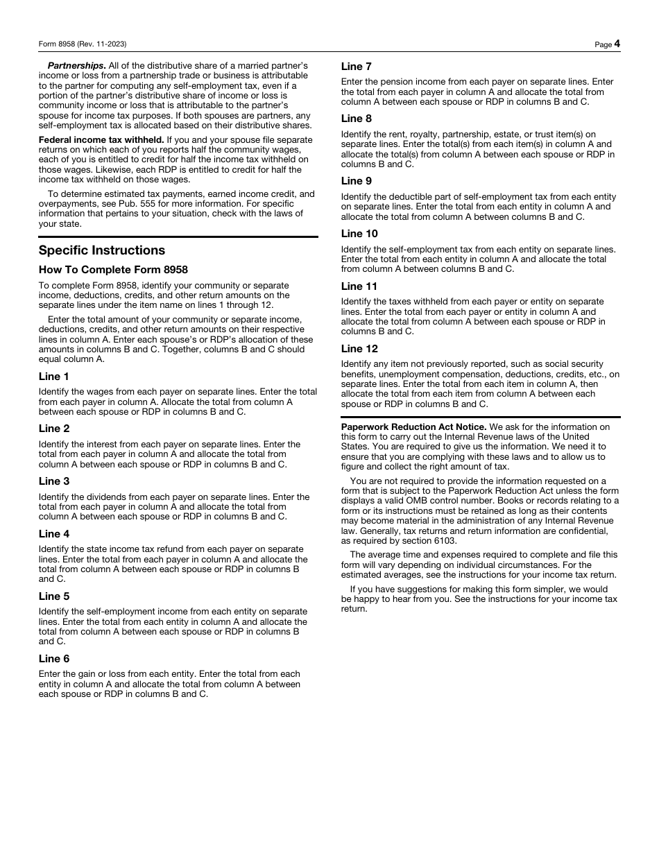 IRS Form 8958 Allocation of Tax Amounts Between Certain Individuals in Community Property States, Page 4