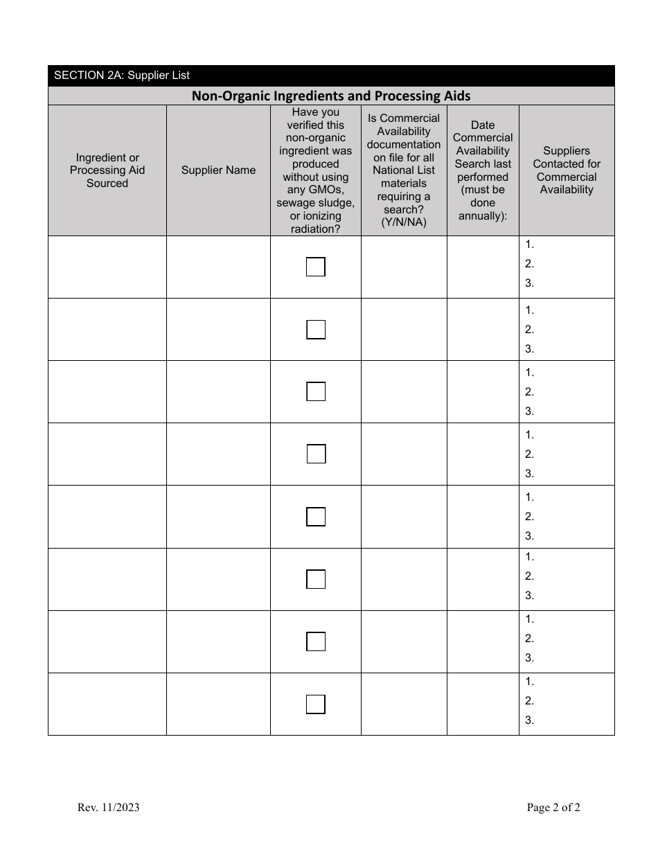 Organic System Plan for Handlers and Processors (Supplier List Supplement) - Idaho, Page 2