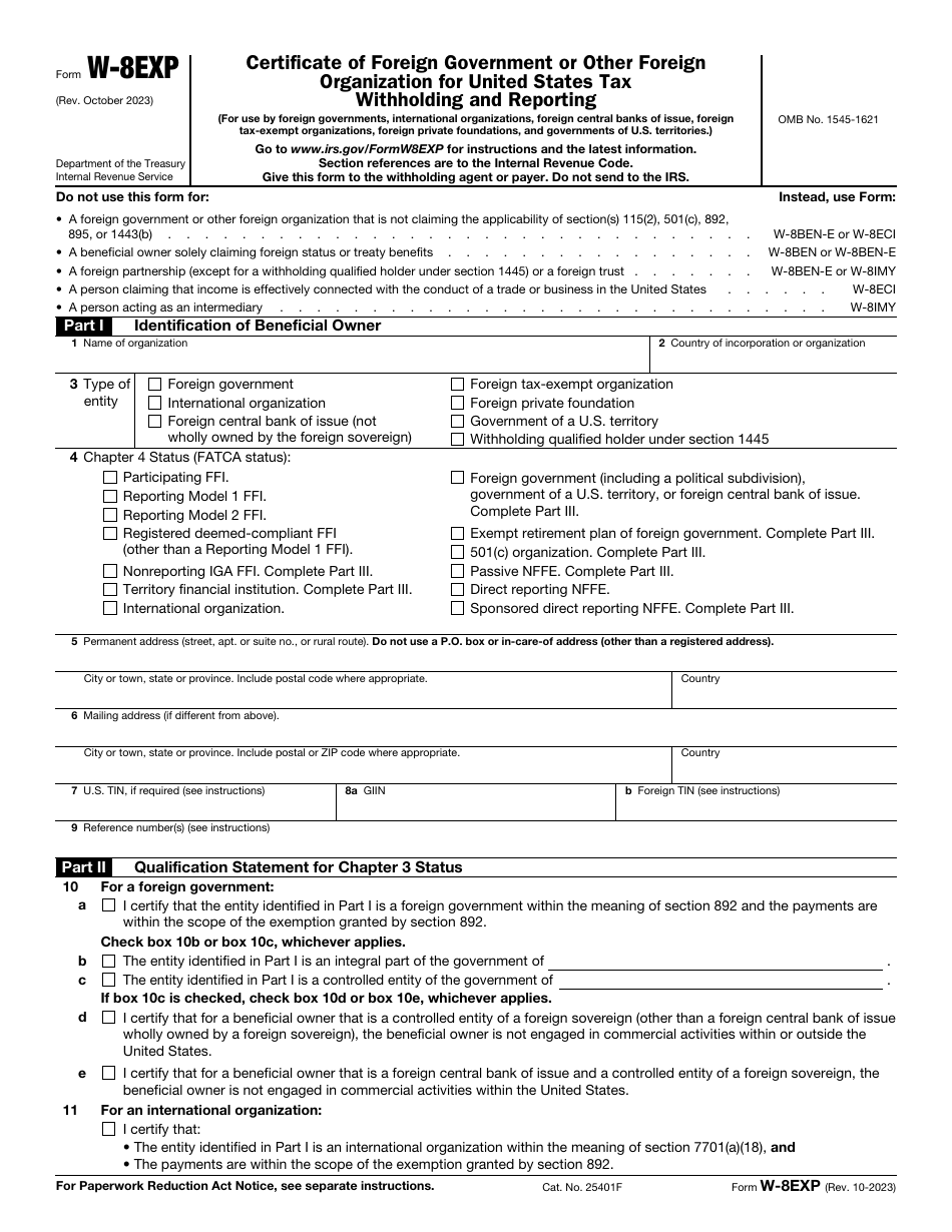 IRS Form W-8EXP Certificate of Foreign Government or Other Foreign Organization for United States Tax Withholding and Reporting, Page 1