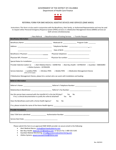 Referral Form for Dme Medical Assistive Devices and Services (Dme Mads) - Washington, D.C. Download Pdf