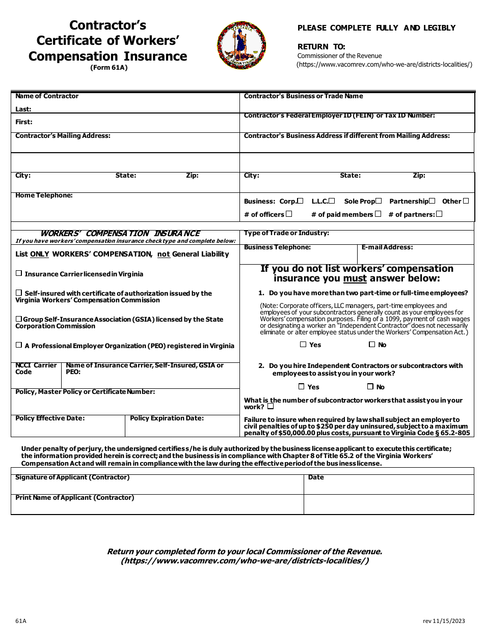 Form 61A Contractors Certificate of Workers Compensation Insurance - Virginia, Page 1