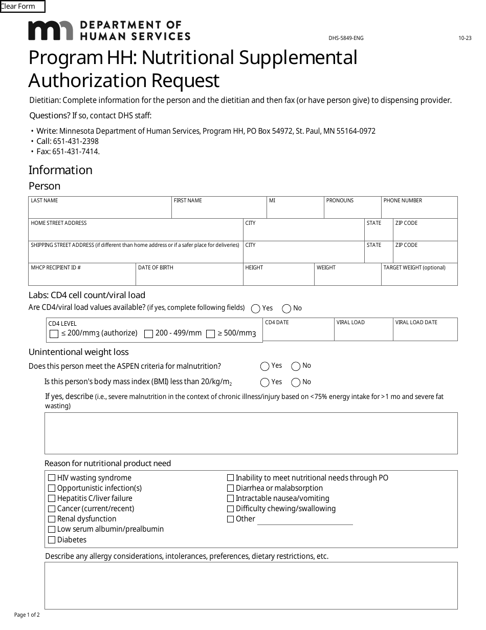 Form DHS-5849-ENG Nutritional Supplemental Authorization Request - Program Hh - Minnesota, Page 1