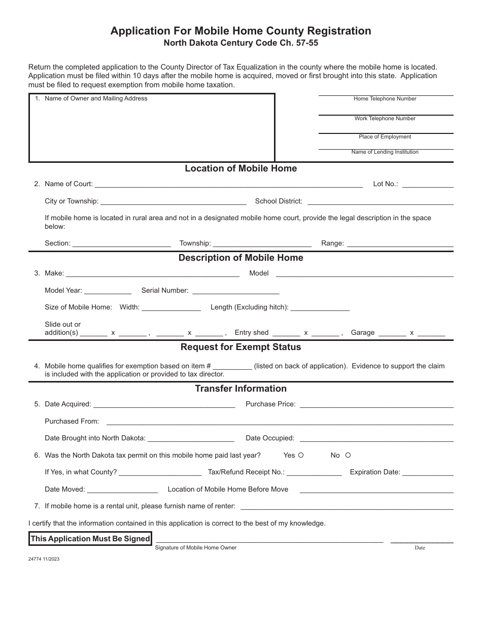 Form 24774 Application for Mobile Home County Registration - North Dakota, Page 1