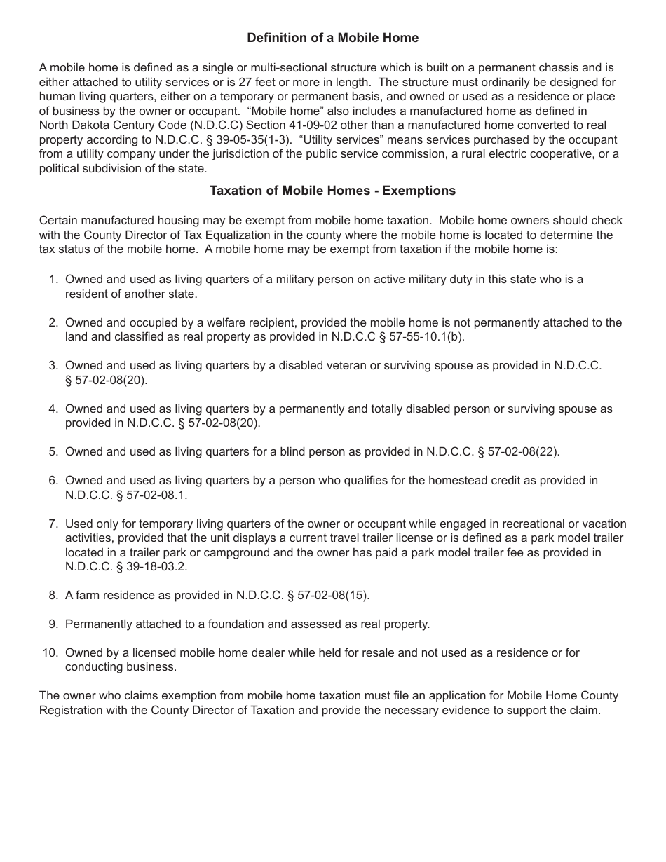 Form 24774 Application for Mobile Home County Registration - North Dakota, Page 2