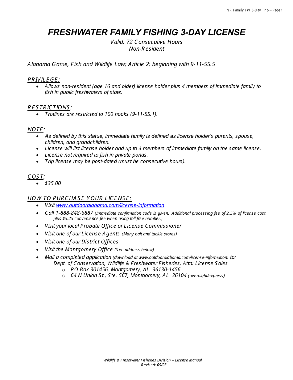 Freshwater Family Fishing 3-day License - Non-resident - Alabama, Page 1
