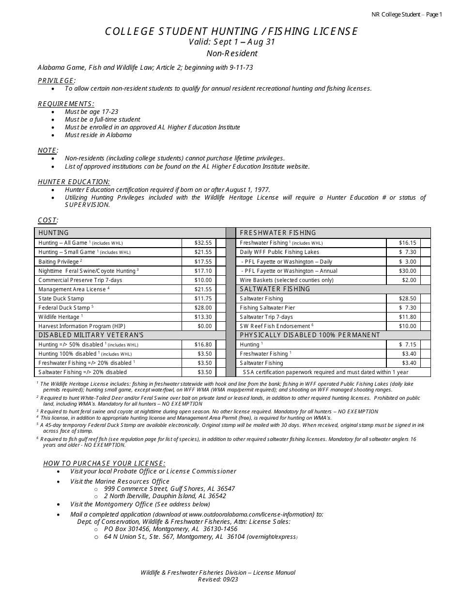 College Student Hunting / Fishing License - Non-resident - Age 17-23 - Alabama, Page 1