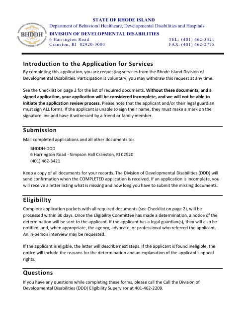 Application for Services - Rhode Island Download Pdf