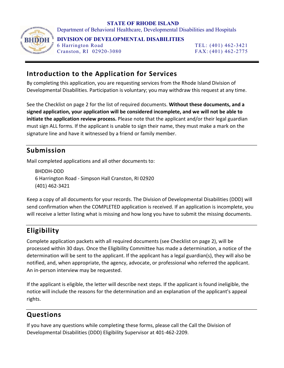 Application for Services - Rhode Island, Page 1
