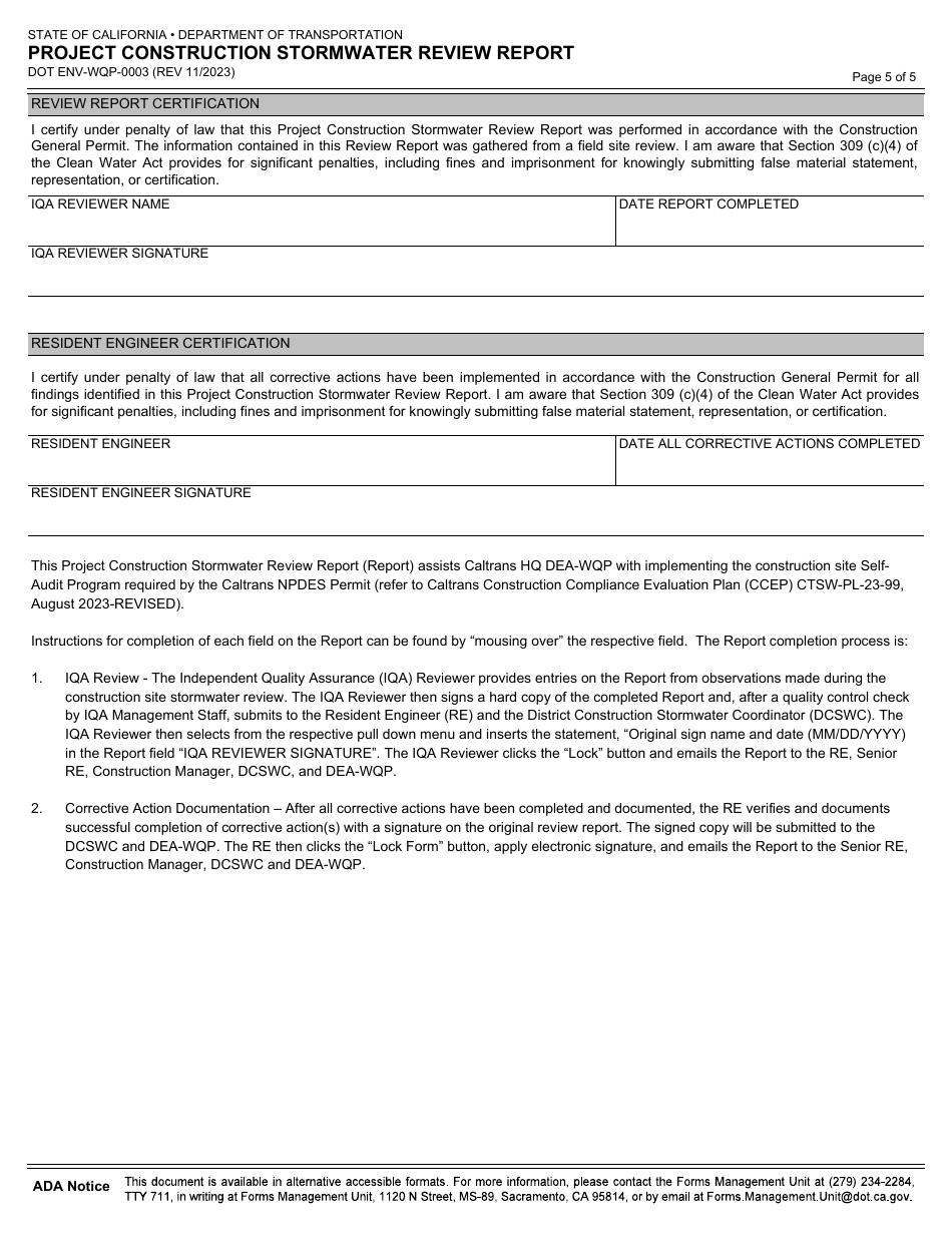 Form DOT ENV-WQP-0003 Project Construction Stormwater Review Report - California, Page 5