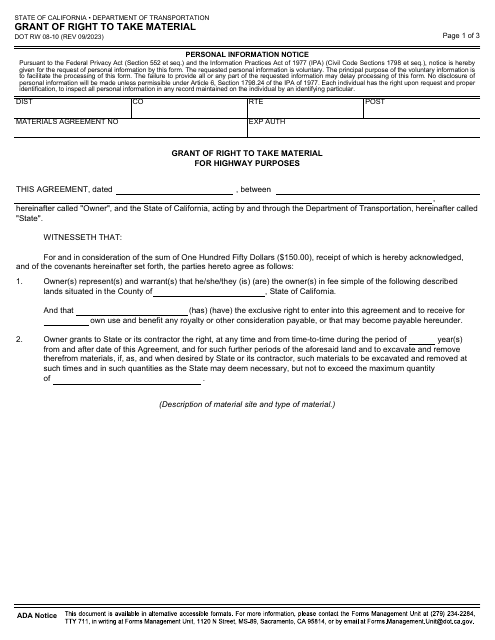 Form DOT RW08-10 Grant of Right to Take Material - California
