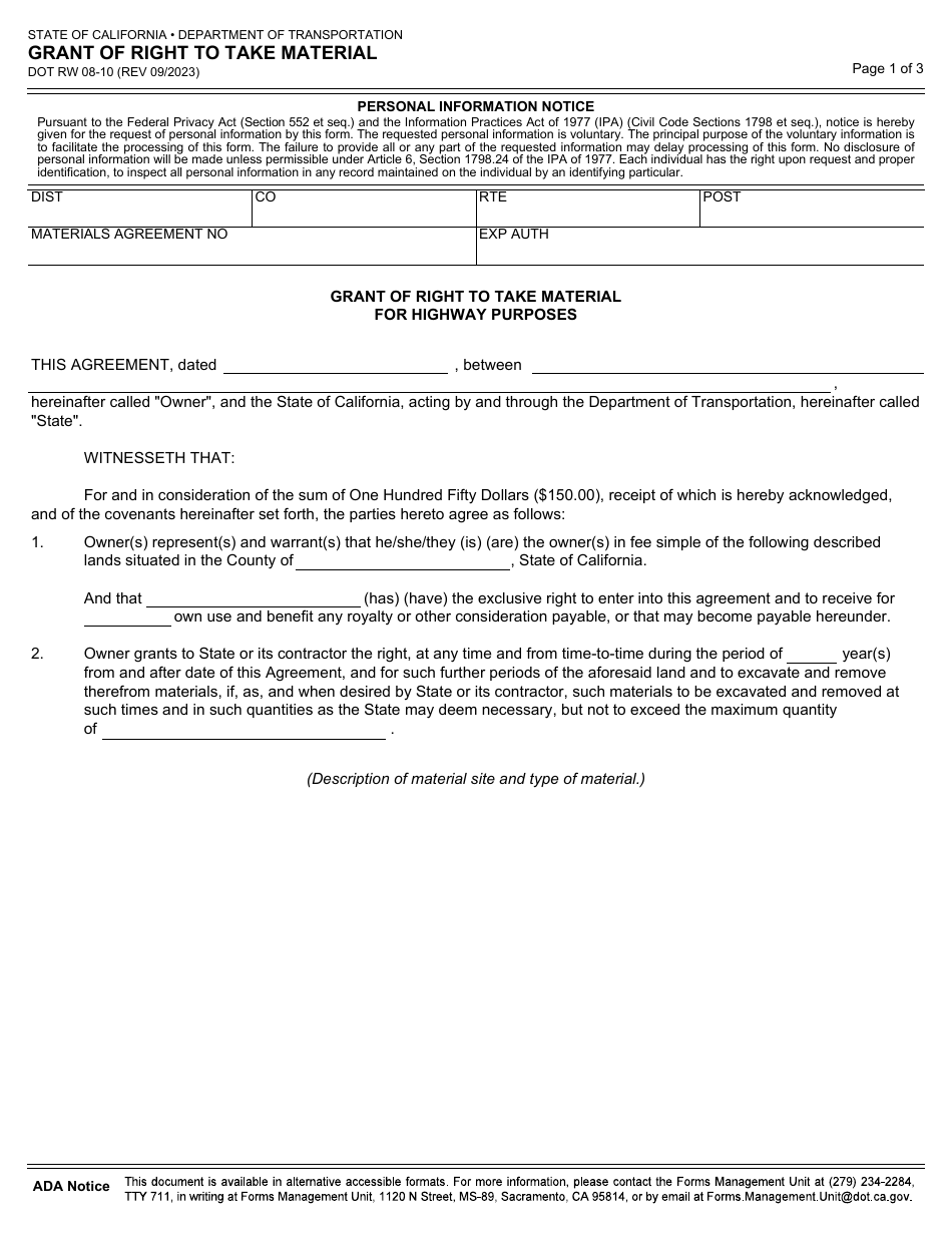 Form DOT RW08-10 Grant of Right to Take Material - California, Page 1