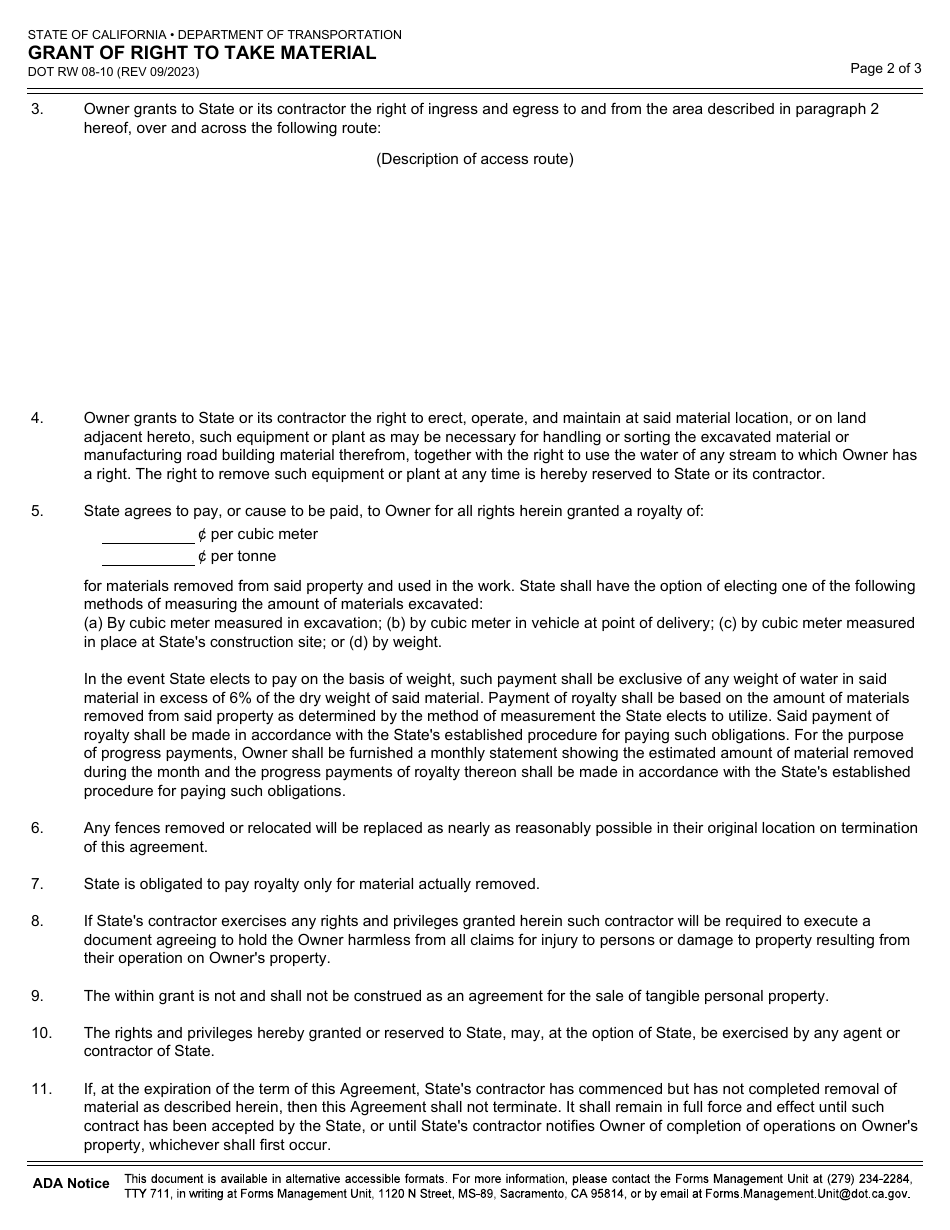 Form DOT RW08-10 Grant of Right to Take Material - California, Page 2
