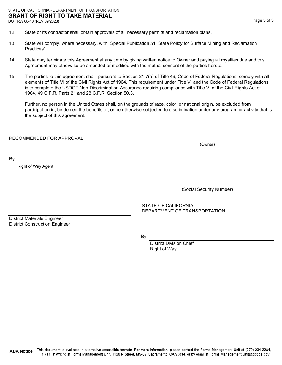 Form DOT RW08-10 Grant of Right to Take Material - California, Page 3