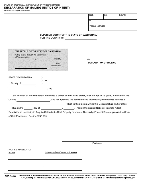 Form DOT RW09-15 Declaration of Mailing (Notice of Intent) - California